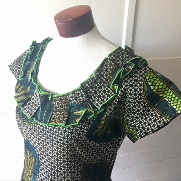 African Wax Print Ruffle Neck Short Sleeve Structured Handmade Blouse - Picture 3 of 9